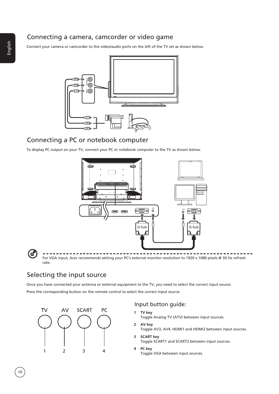 Connecting a camera, camcorder or video game, Selecting the input source, Input button guide | Acer AT4250B-ATV User Manual | Page 10 / 20