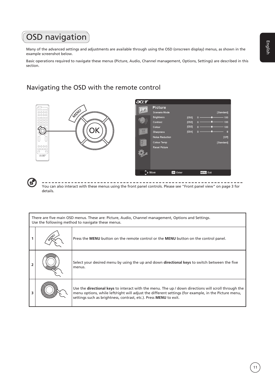 Osd navigation, Navigating the osd with the remote control | Acer AT4250B-ATV User Manual | Page 11 / 20