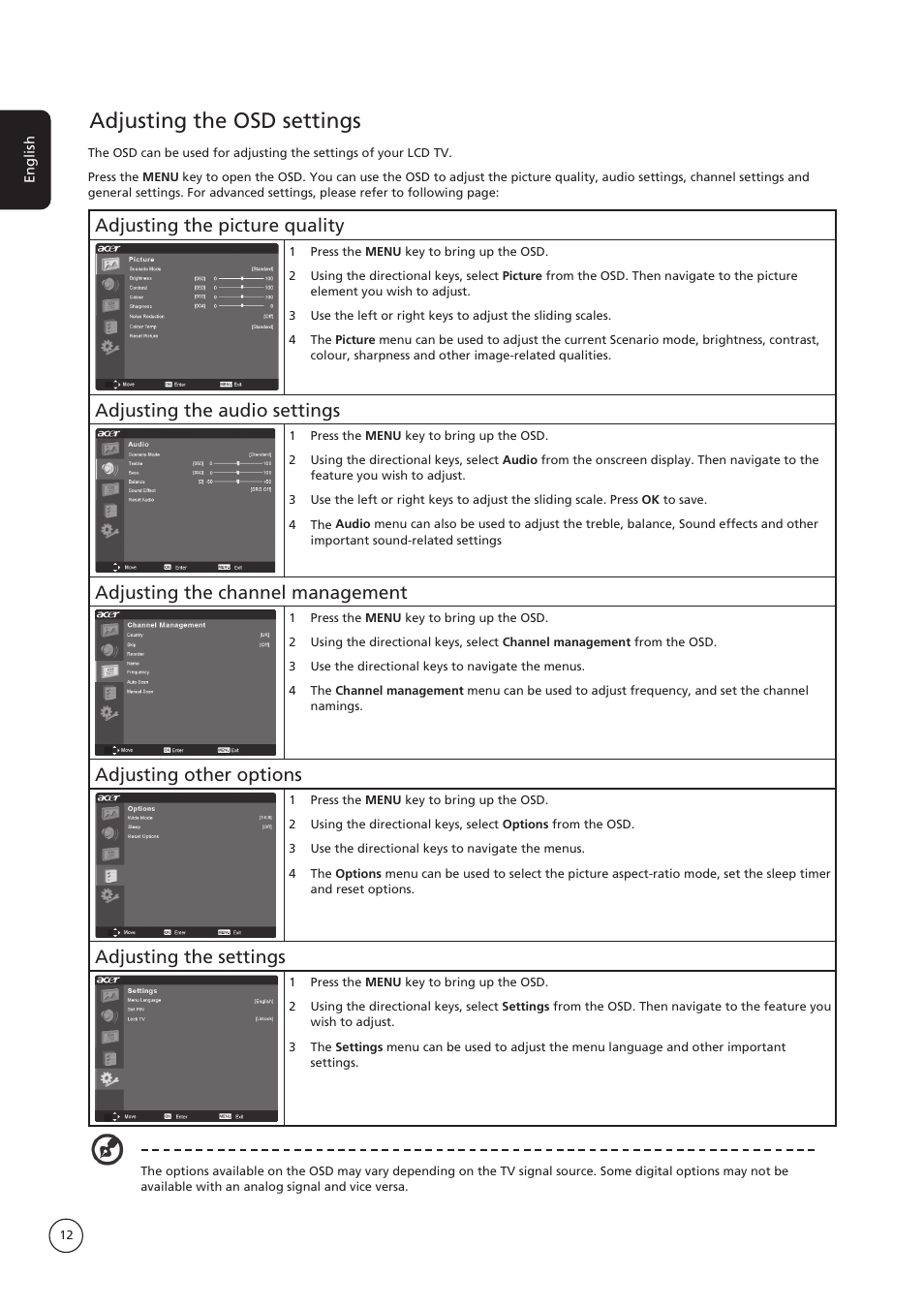 Adjusting the osd settings, Adjusting the picture quality, Adjusting the audio settings | Adjusting the channel management, Adjusting other options, Adjusting the settings | Acer AT4250B-ATV User Manual | Page 12 / 20