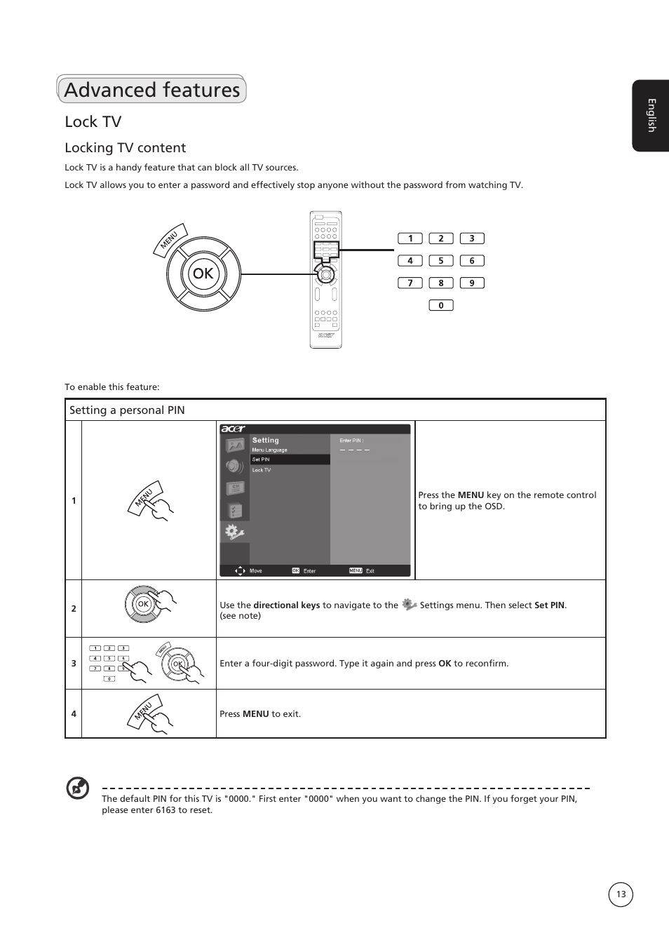 Advanced features, Lock tv, Locking tv content | Acer AT4250B-ATV User Manual | Page 13 / 20