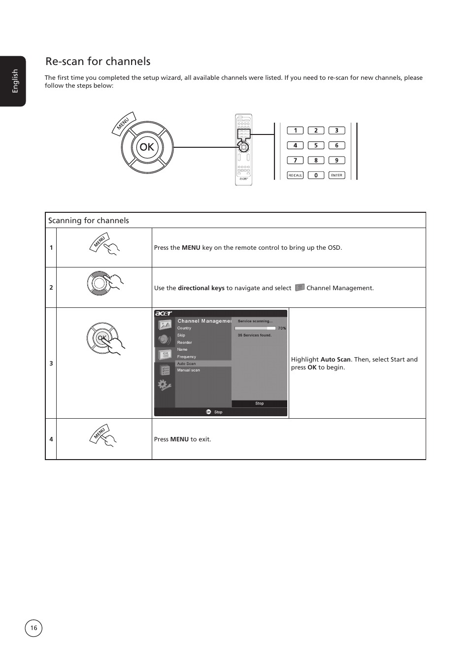 Re-scan for channels, Scanning for channels, English | Acer AT4250B-ATV User Manual | Page 16 / 20