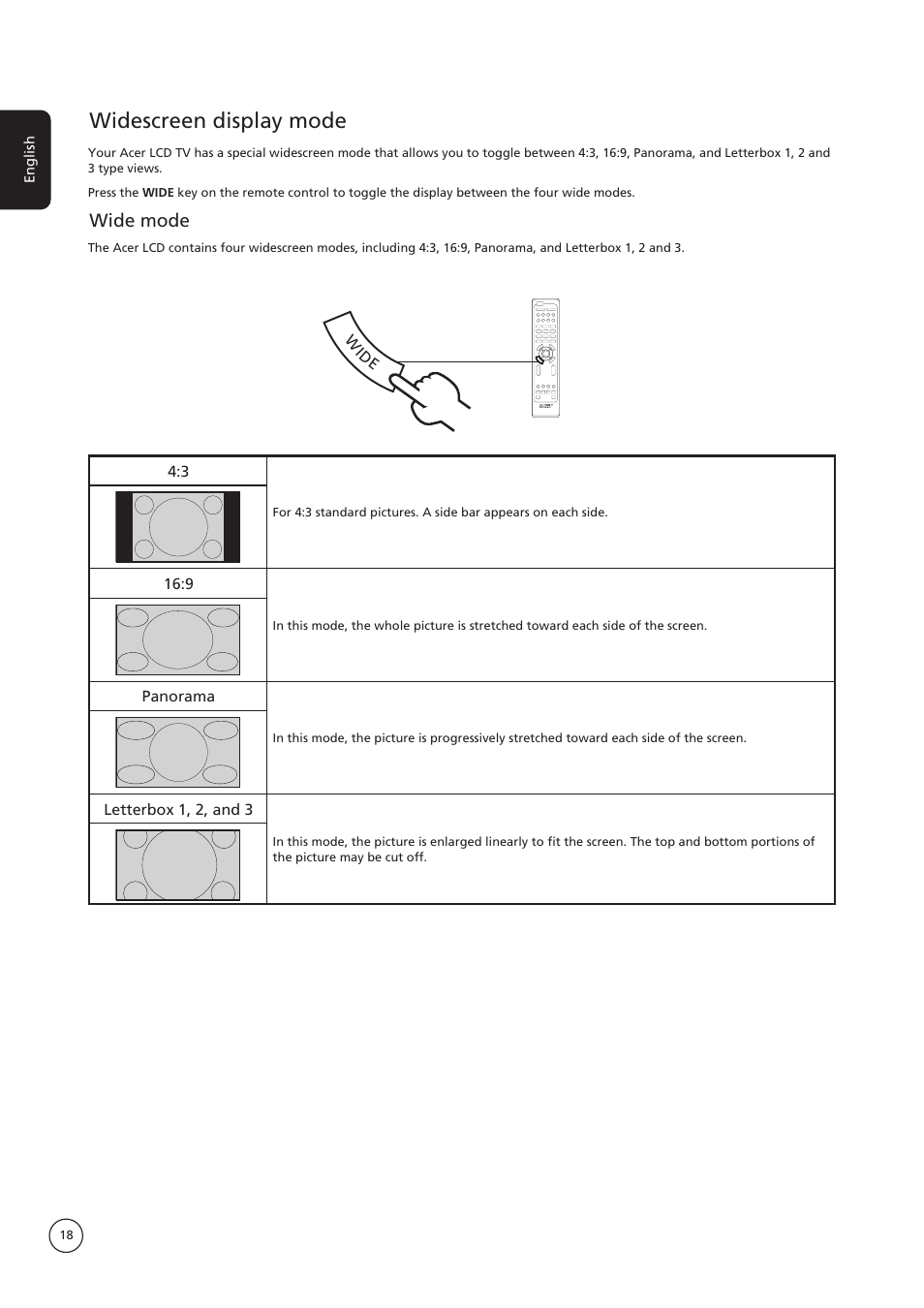 Widescreen display mode, Wide mode | Acer AT4250B-ATV User Manual | Page 18 / 20