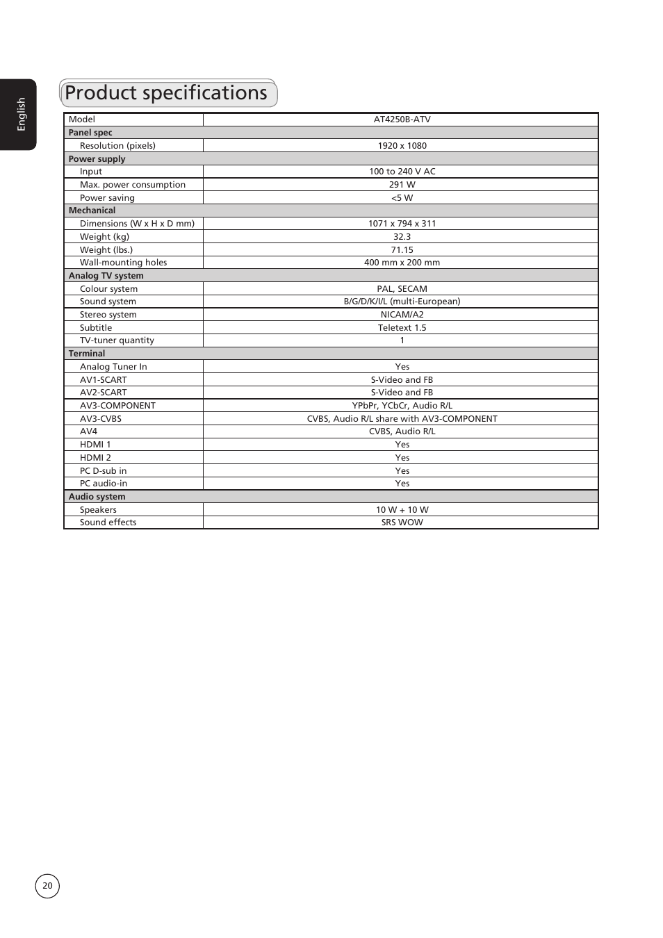 Product specifications | Acer AT4250B-ATV User Manual | Page 20 / 20