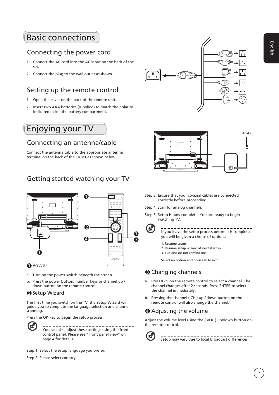 Basic connections, Enjoying your tv, Connecting the power cord | Setting up the remote control, Getting started watching your tv, Connecting an antenna/cable, Changing channels, Adjusting the volume | Acer AT4250B-ATV User Manual | Page 7 / 20