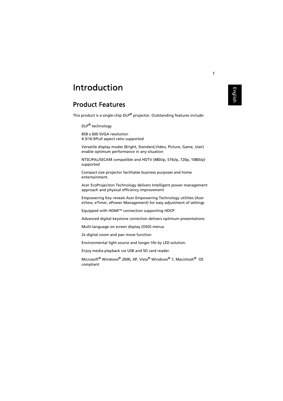 Introduction, Product features | Acer K11 User Manual | Page 11 / 47