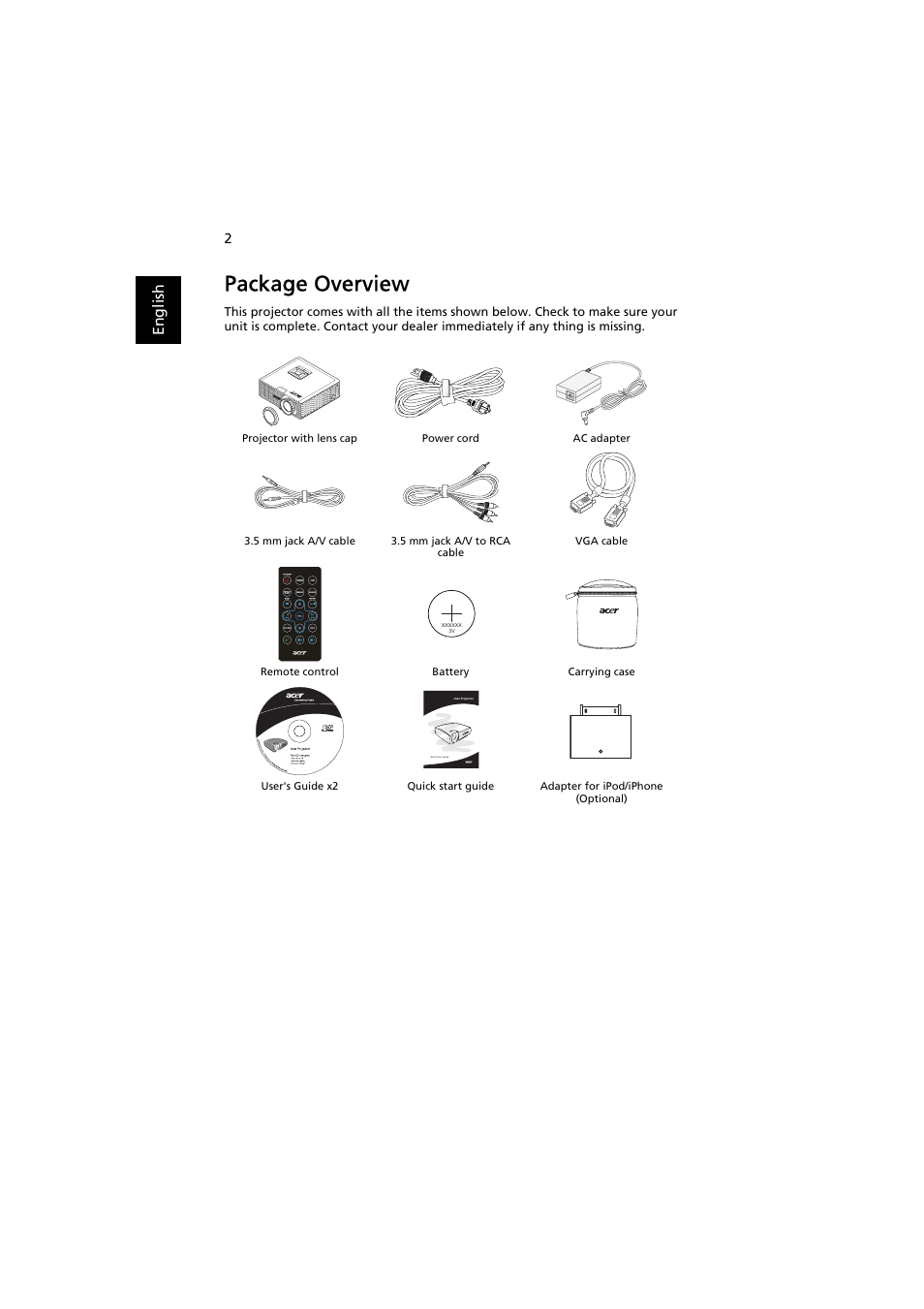 Package overview, En gl ish | Acer K11 User Manual | Page 12 / 47