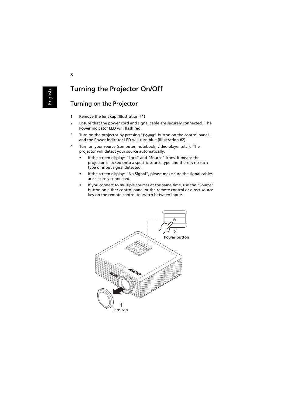 Turning the projector on/off, Turning on the projector | Acer K11 User Manual | Page 18 / 47