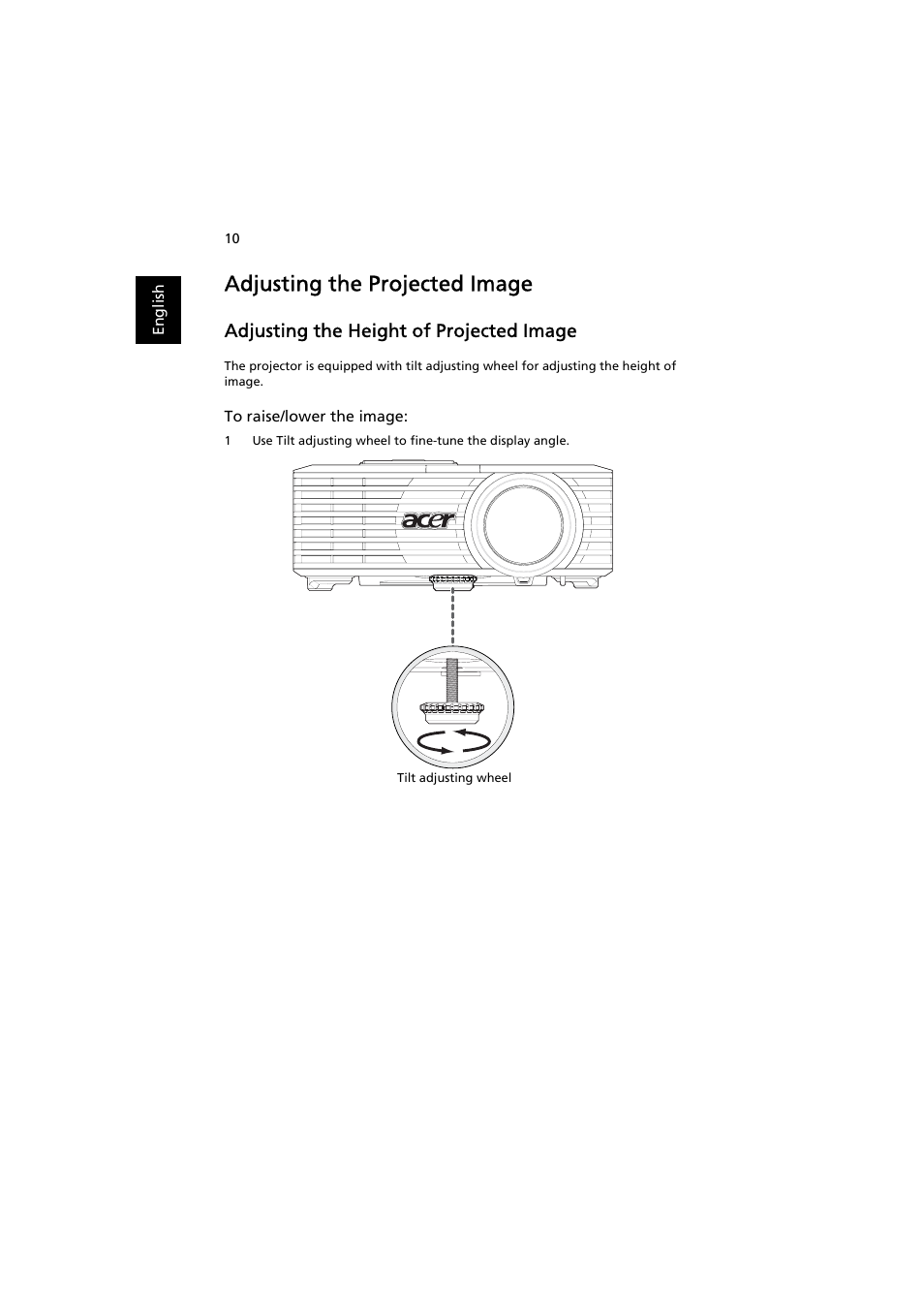 Adjusting the projected image, Adjusting the height of projected image | Acer K11 User Manual | Page 20 / 47