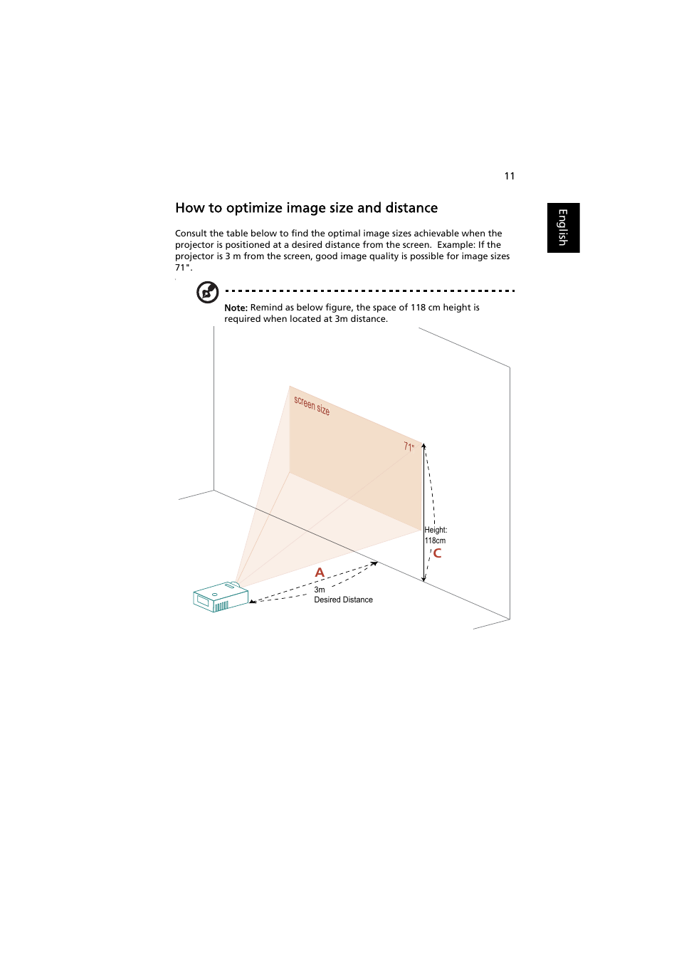 How to optimize image size and distance | Acer K11 User Manual | Page 21 / 47