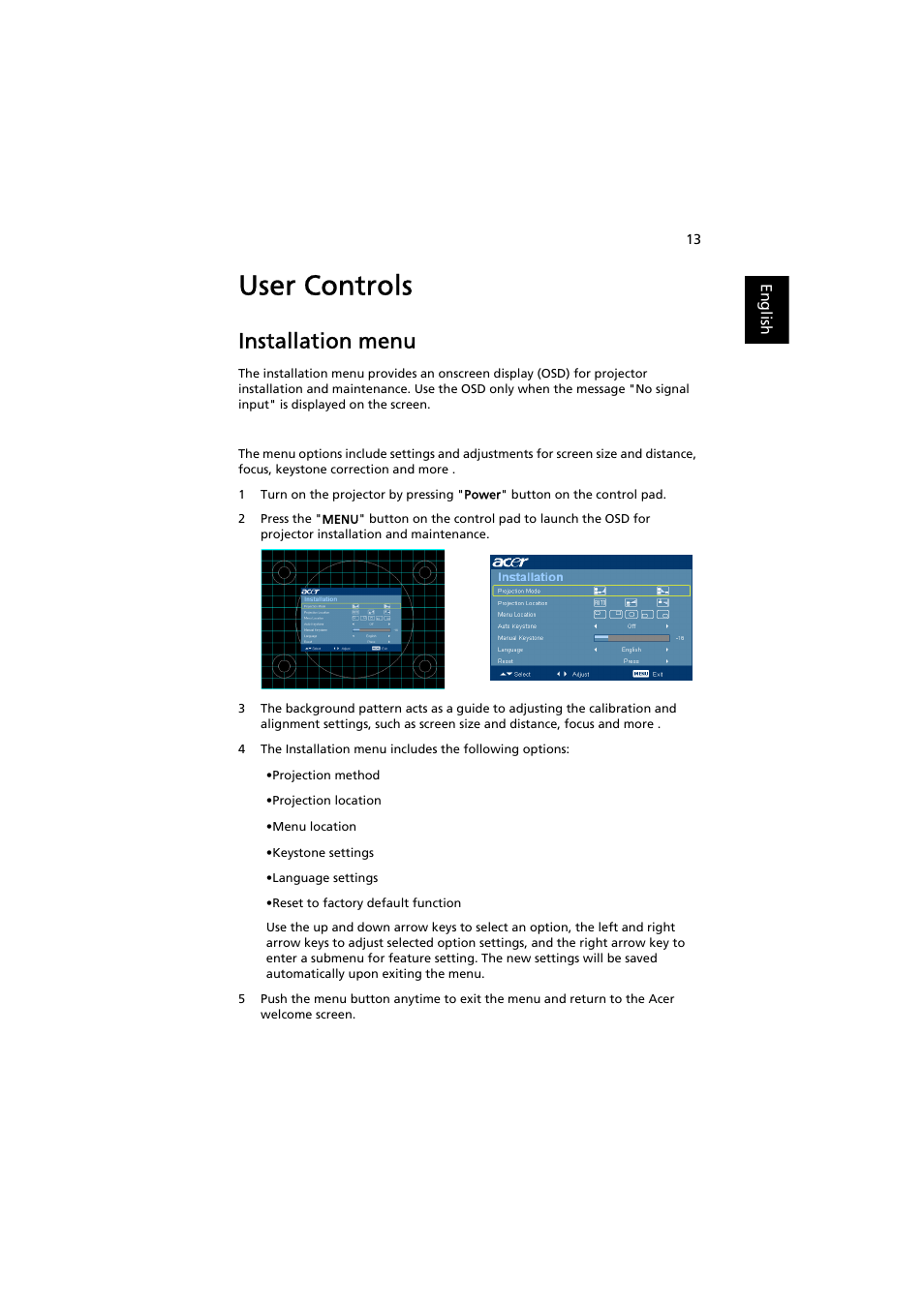 User controls, Installation menu | Acer K11 User Manual | Page 23 / 47