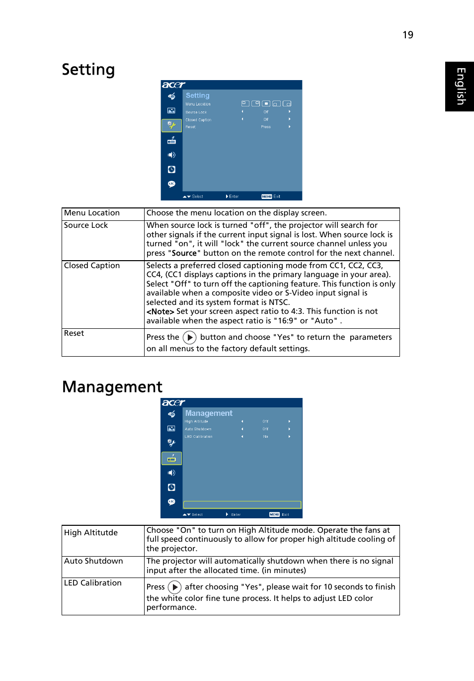 Setting, Management, Setting management | Acer K11 User Manual | Page 29 / 47