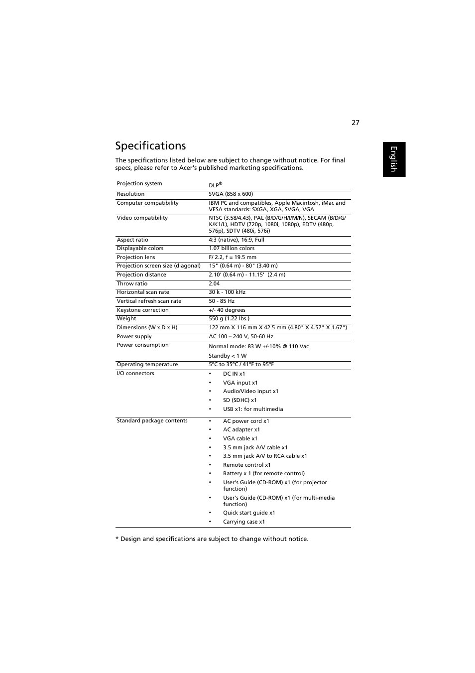 Specifications, English | Acer K11 User Manual | Page 37 / 47