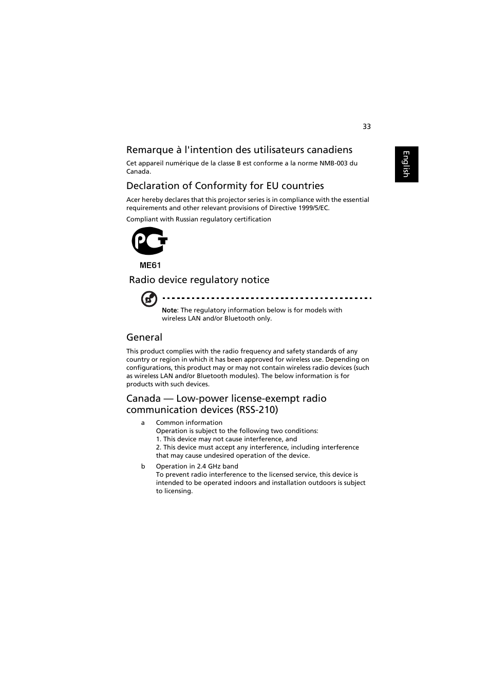 Remarque à l'intention des utilisateurs canadiens, Declaration of conformity for eu countries, Radio device regulatory notice | General | Acer K11 User Manual | Page 43 / 47