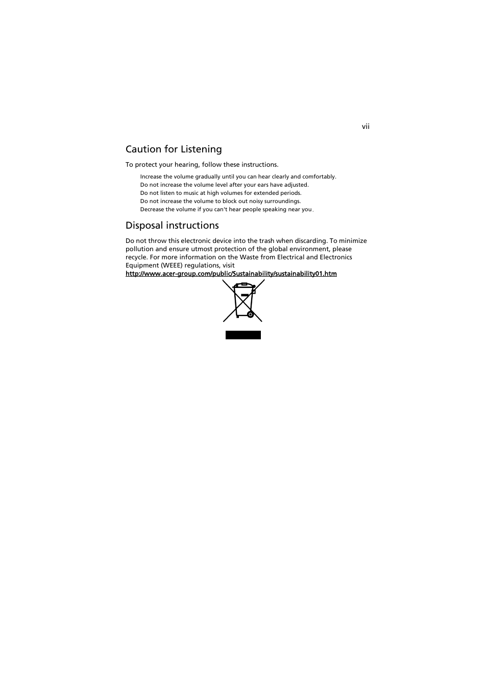 Caution for listening, Disposal instructions | Acer K11 User Manual | Page 7 / 47