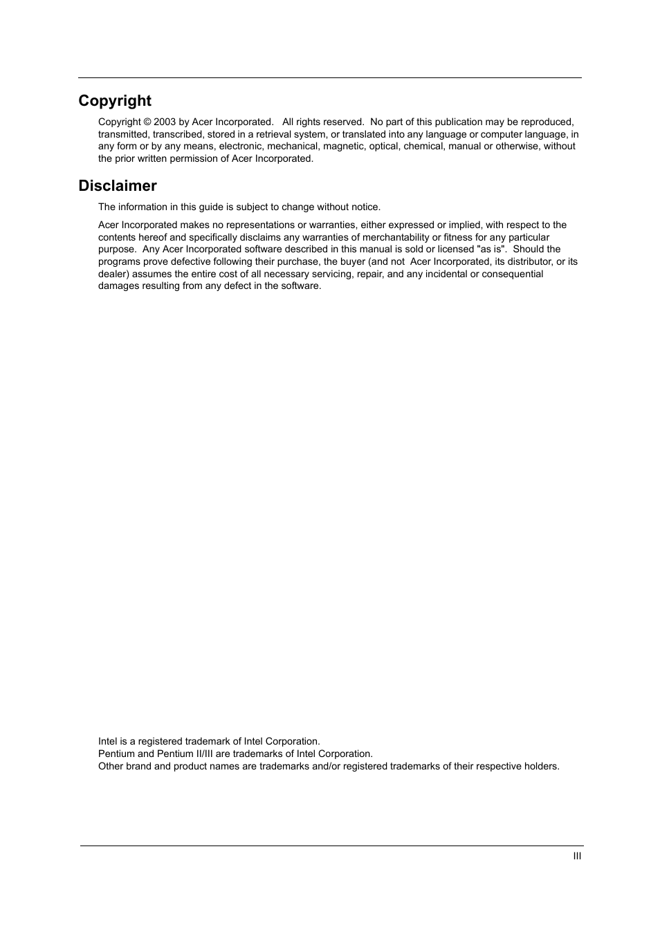 Copyright, Disclaimer | Acer 230 User Manual | Page 3 / 164