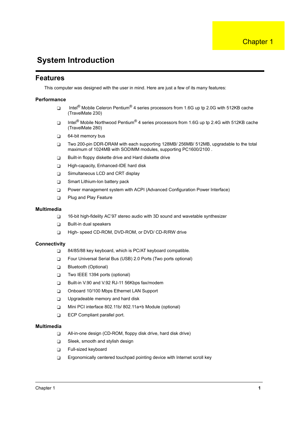 Ch.1 system introduction, Features, System introduction | Chapter 1 | Acer 230 User Manual | Page 9 / 164
