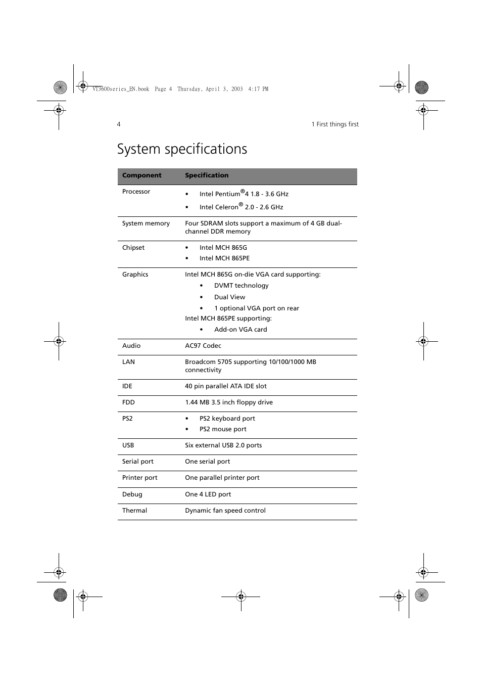 System specifications | Acer 3600 Series User Manual | Page 10 / 122