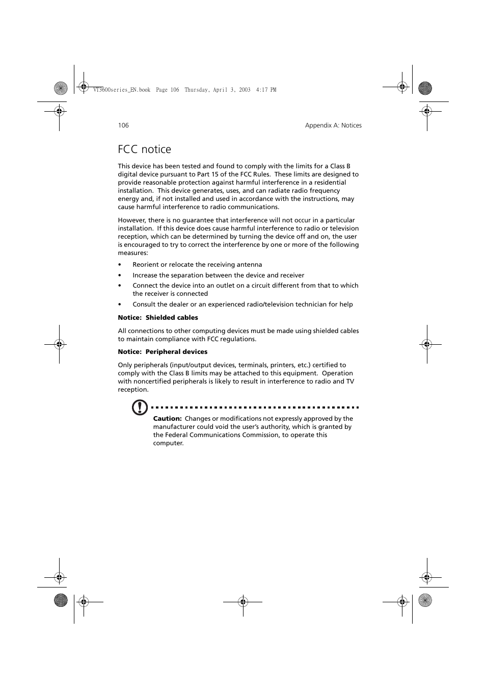 Fcc notice | Acer 3600 Series User Manual | Page 112 / 122