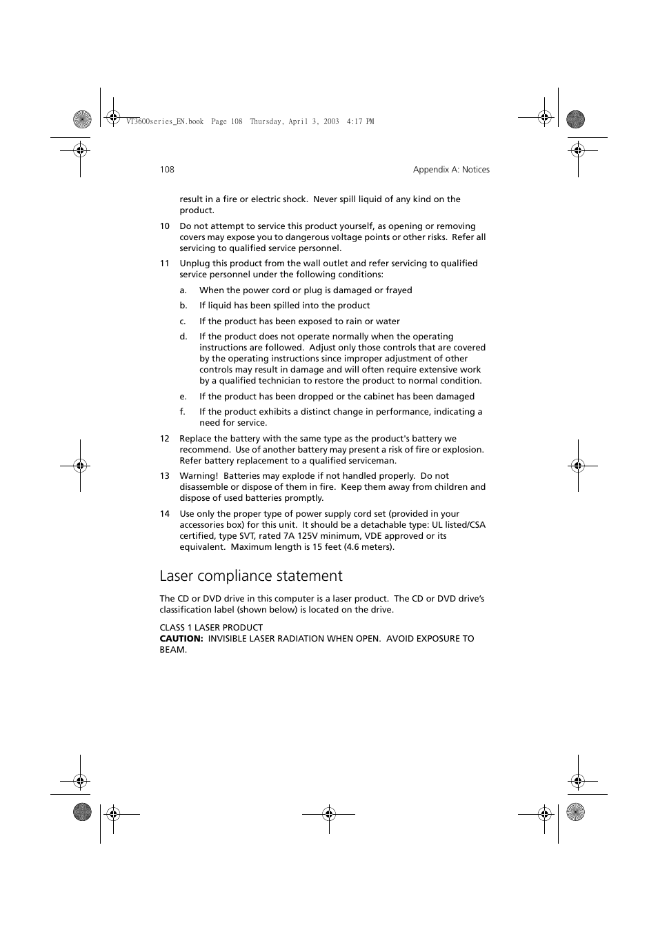 Laser compliance statement | Acer 3600 Series User Manual | Page 114 / 122