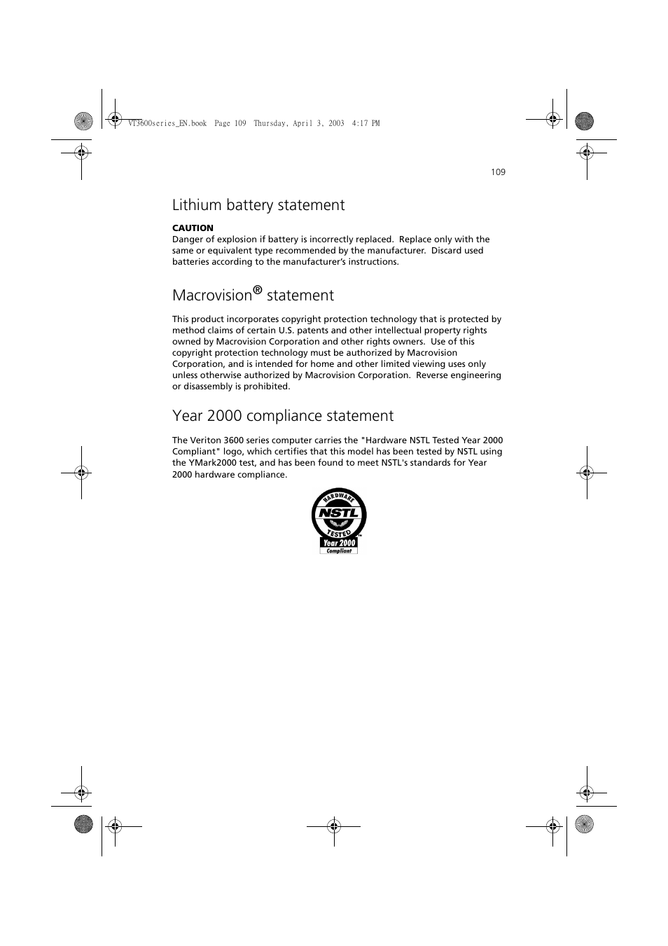 Lithium battery statement, Macrovision® statement, Year 2000 compliance statement | Macrovision, Statement | Acer 3600 Series User Manual | Page 115 / 122