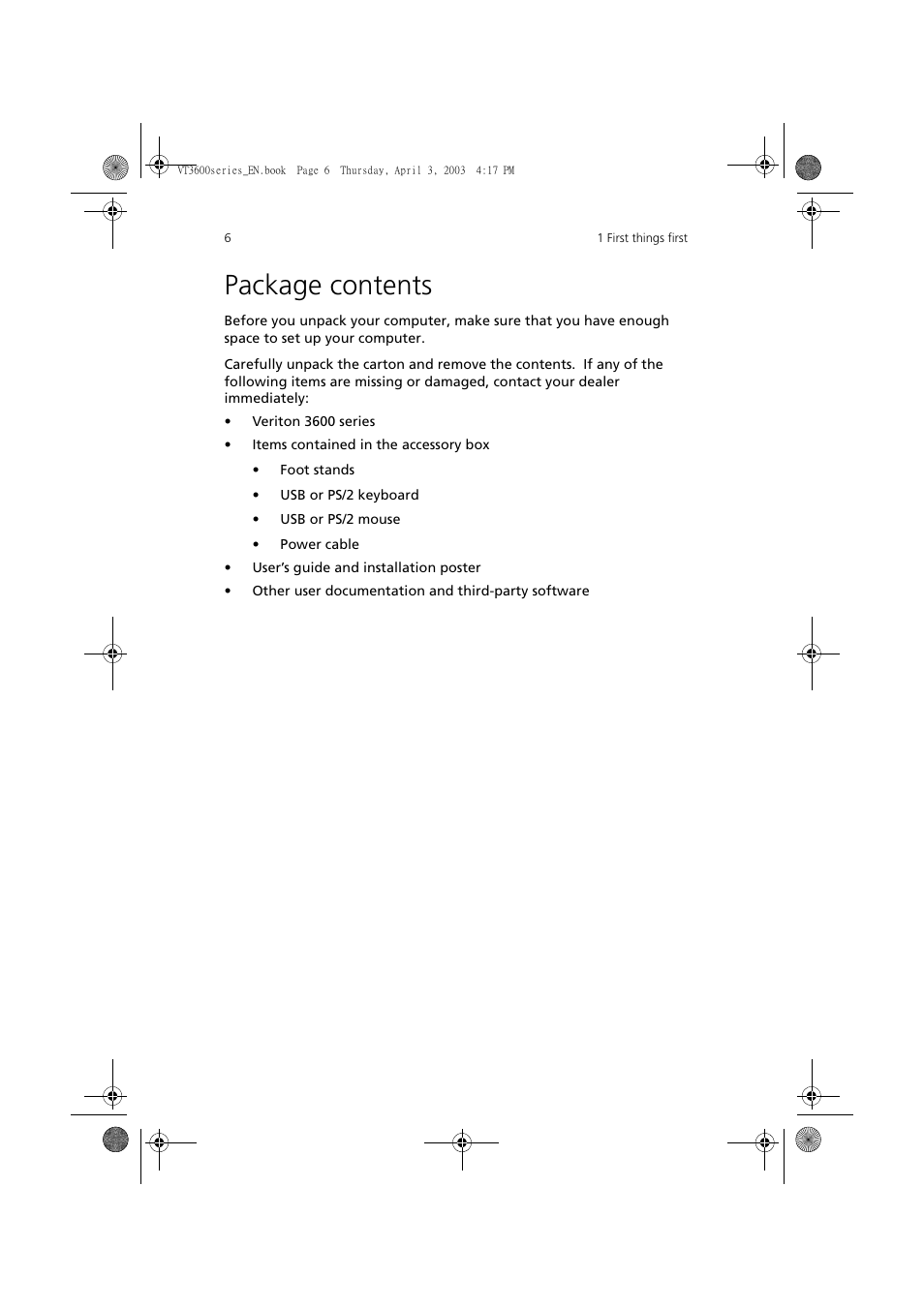 Package contents | Acer 3600 Series User Manual | Page 12 / 122