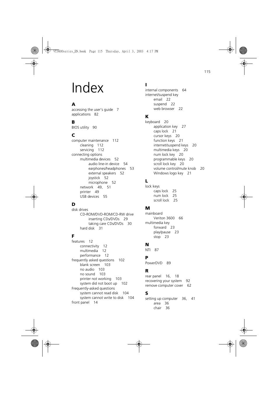 Index | Acer 3600 Series User Manual | Page 121 / 122