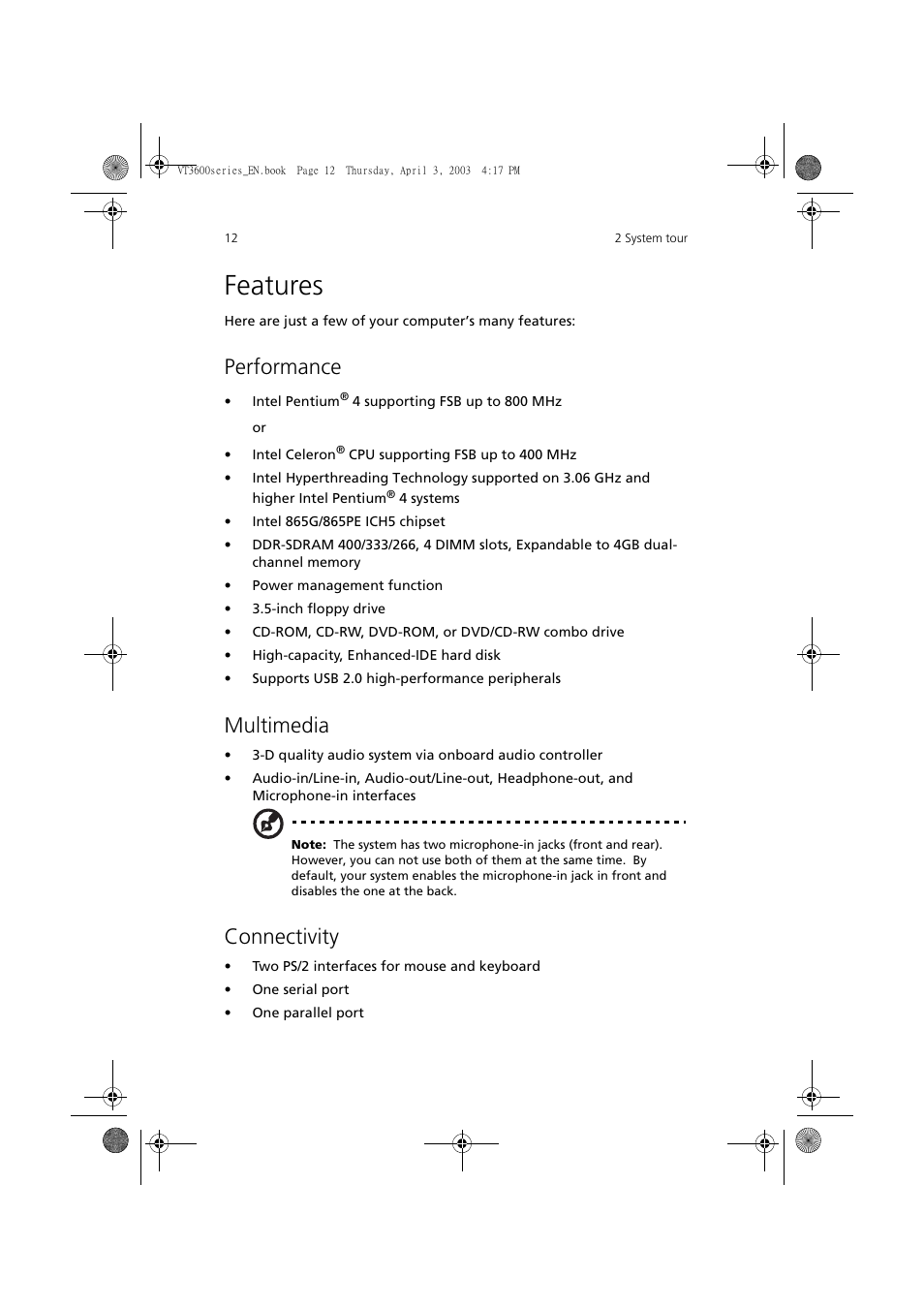 Features, Performance, Multimedia | Connectivity, Features 12 | Acer 3600 Series User Manual | Page 18 / 122