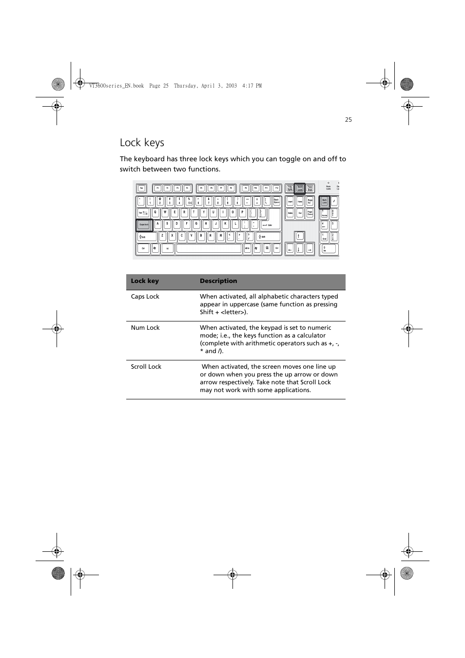 Lock keys | Acer 3600 Series User Manual | Page 31 / 122