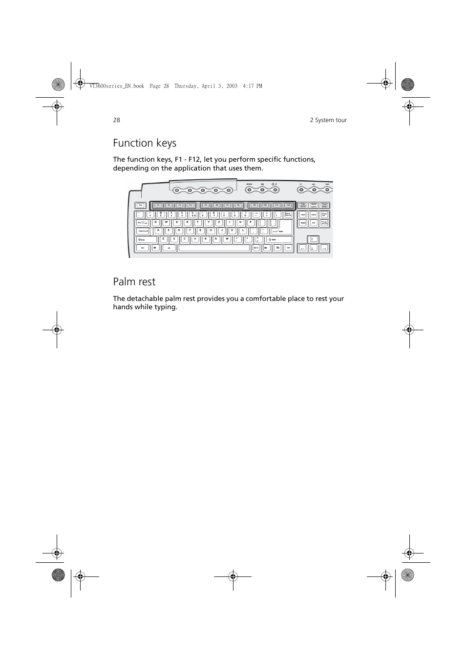 Function keys, Palm rest | Acer 3600 Series User Manual | Page 34 / 122