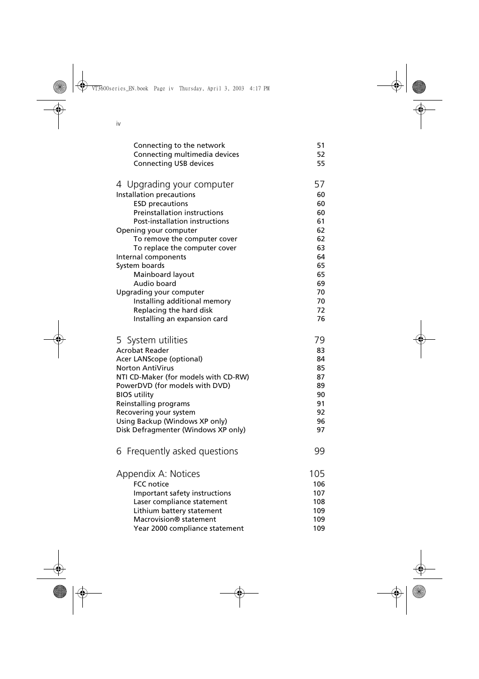 4 upgrading your computer 57, 5 system utilities 79 | Acer 3600 Series User Manual | Page 4 / 122