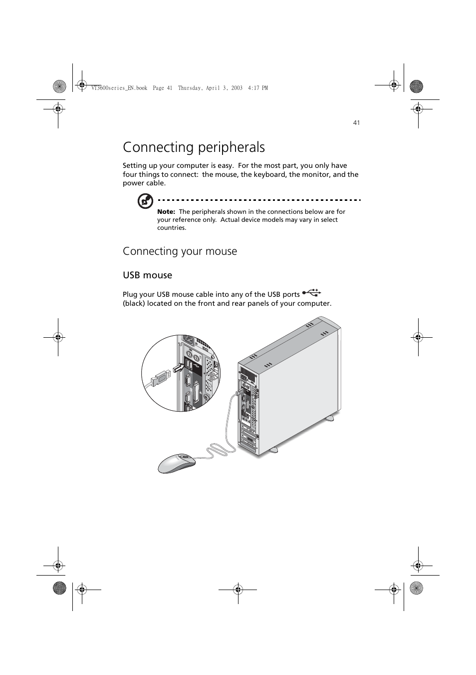 Connecting peripherals, Connecting your mouse | Acer 3600 Series User Manual | Page 47 / 122