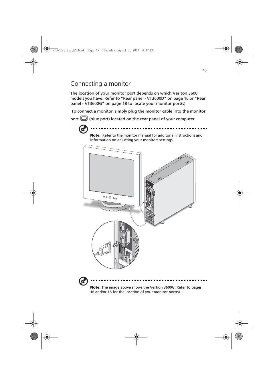 Connecting a monitor | Acer 3600 Series User Manual | Page 51 / 122