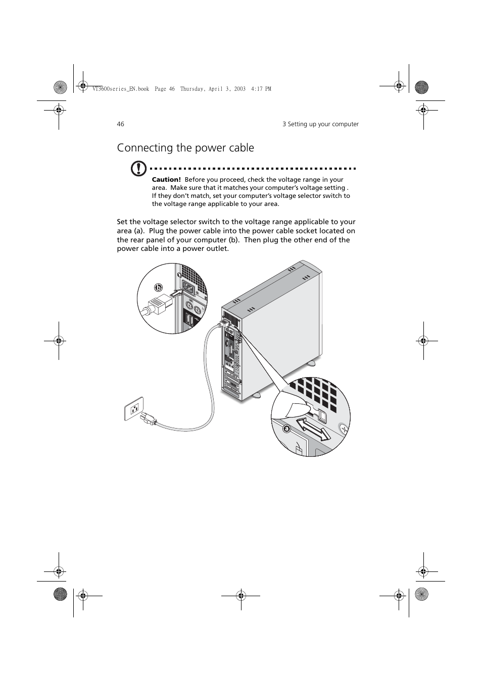 Connecting the power cable | Acer 3600 Series User Manual | Page 52 / 122