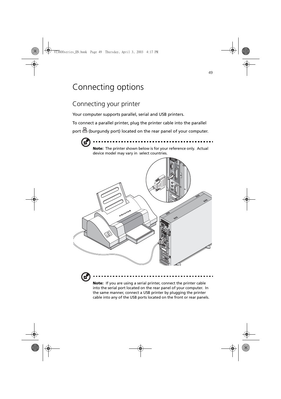 Connecting options, Connecting your printer | Acer 3600 Series User Manual | Page 55 / 122