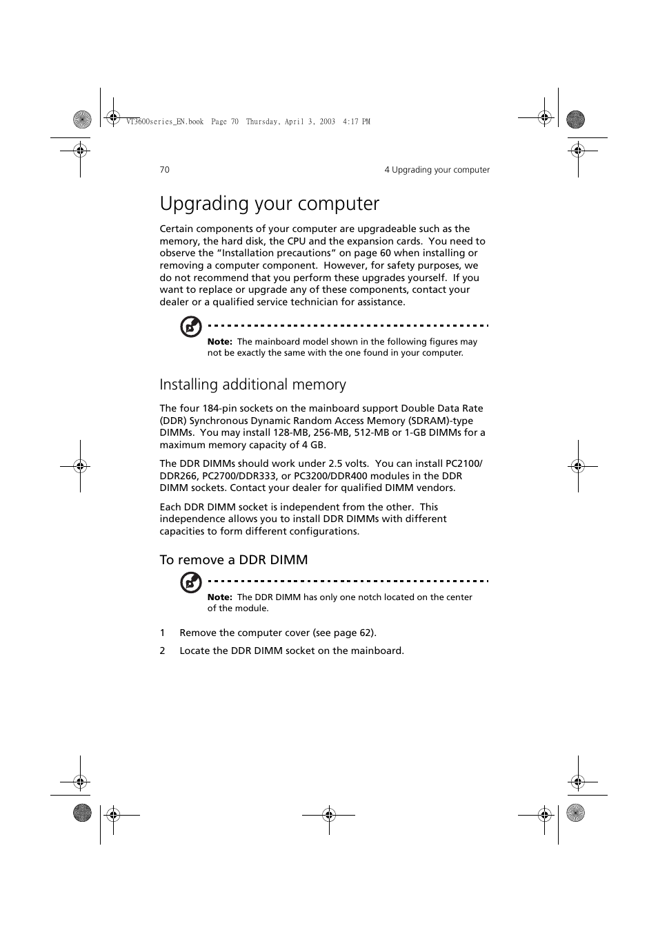 Upgrading your computer, Installing additional memory | Acer 3600 Series User Manual | Page 76 / 122