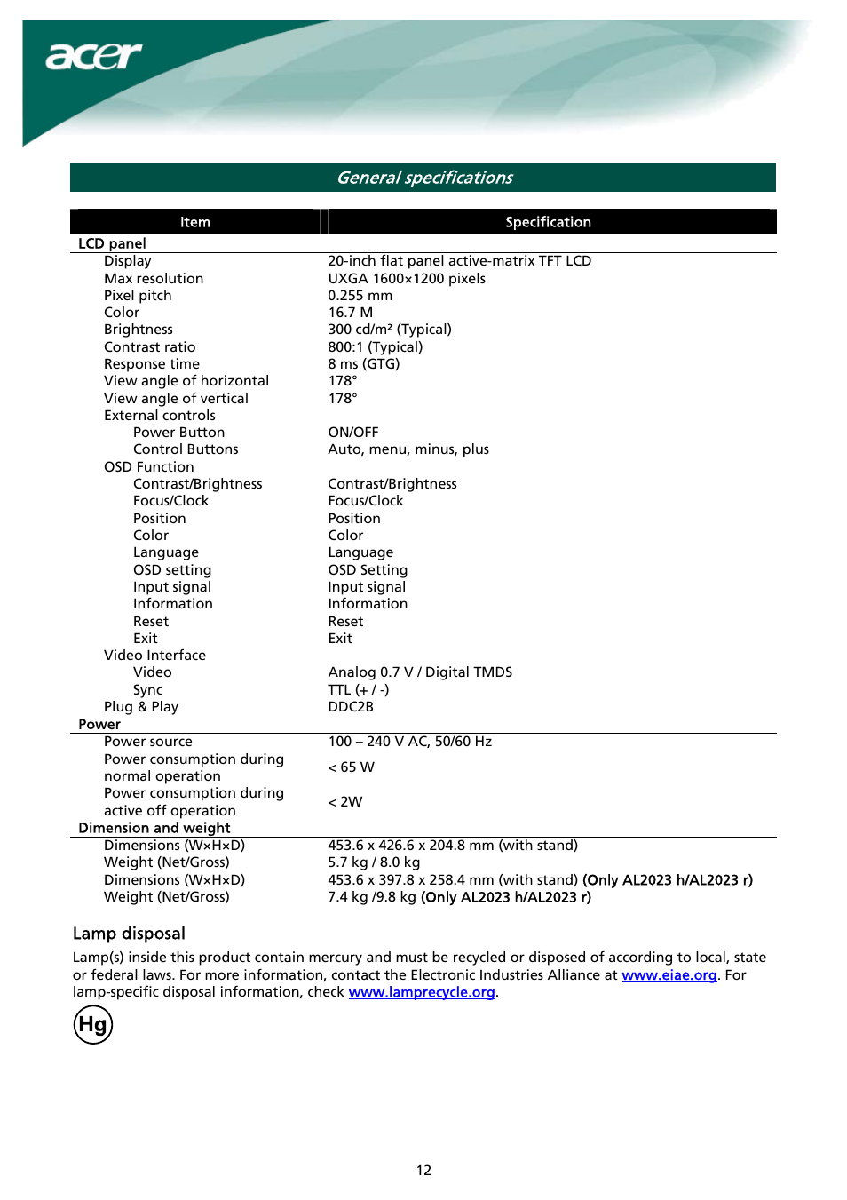 General specifications | Acer AL2023 h User Manual | Page 12 / 12