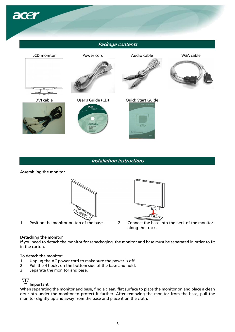 Package contents, Installation instructions | Acer AL2023 h User Manual | Page 3 / 12