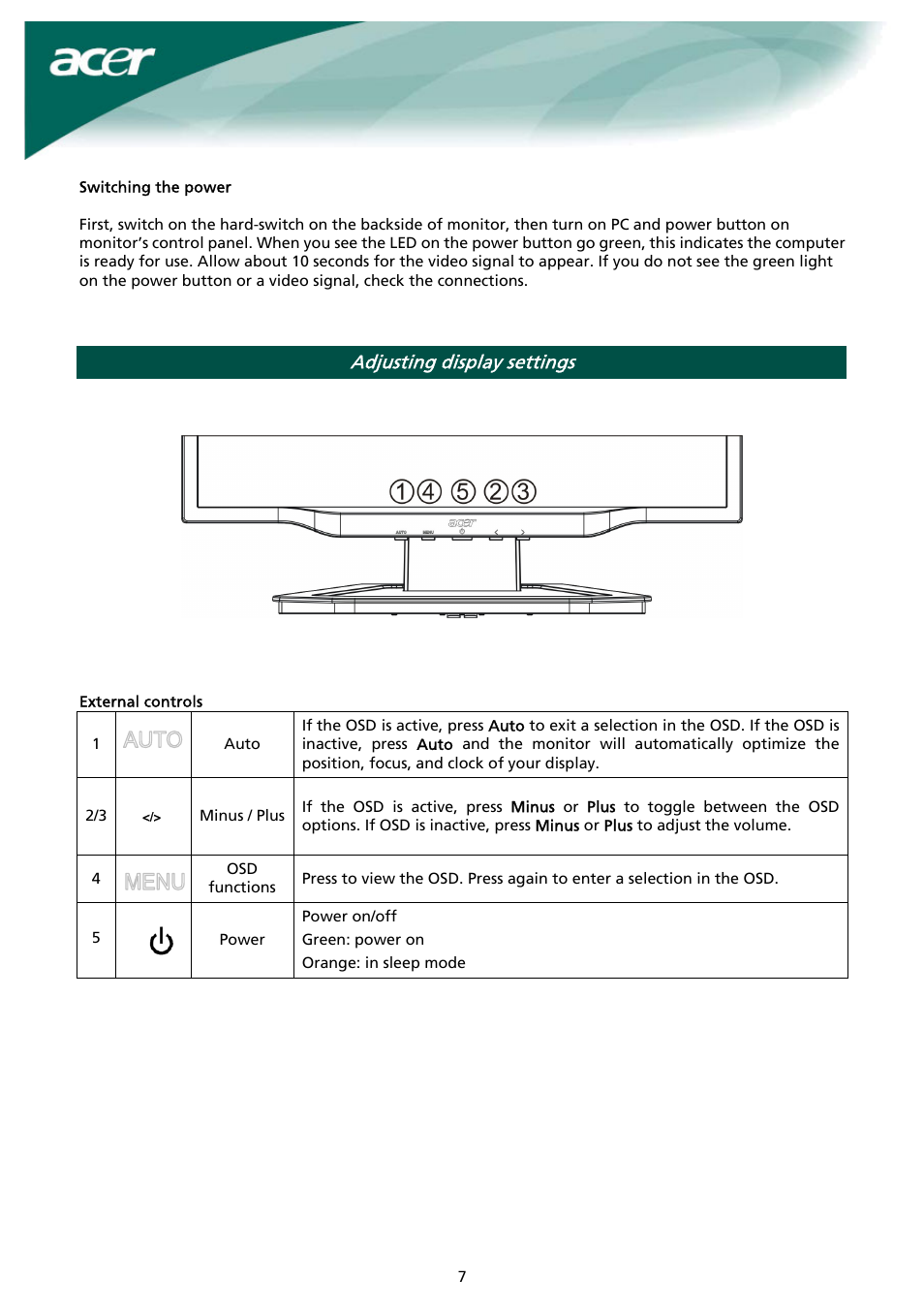Adjusting display settings | Acer AL2023 h User Manual | Page 7 / 12