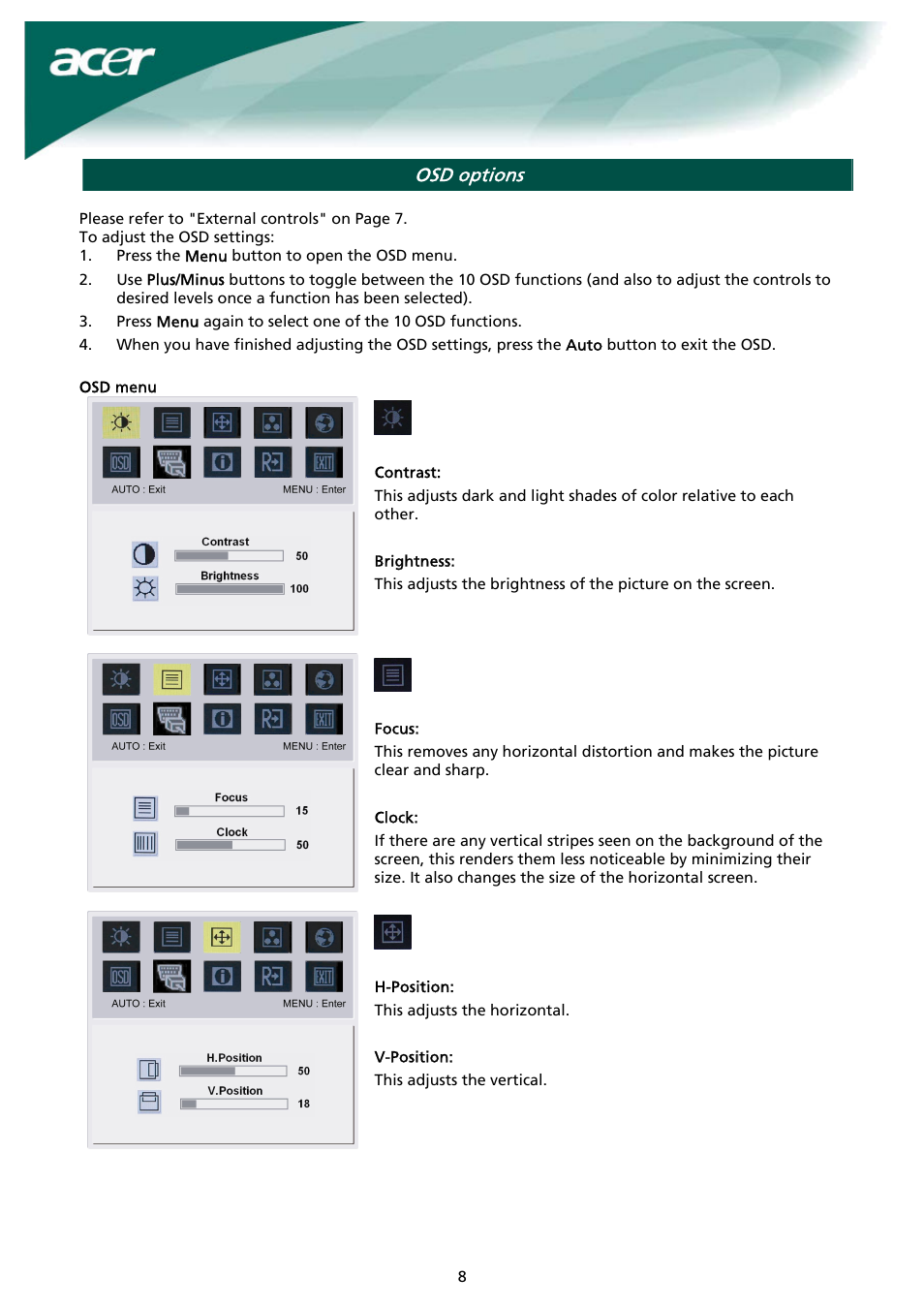 Osd options | Acer AL2023 h User Manual | Page 8 / 12