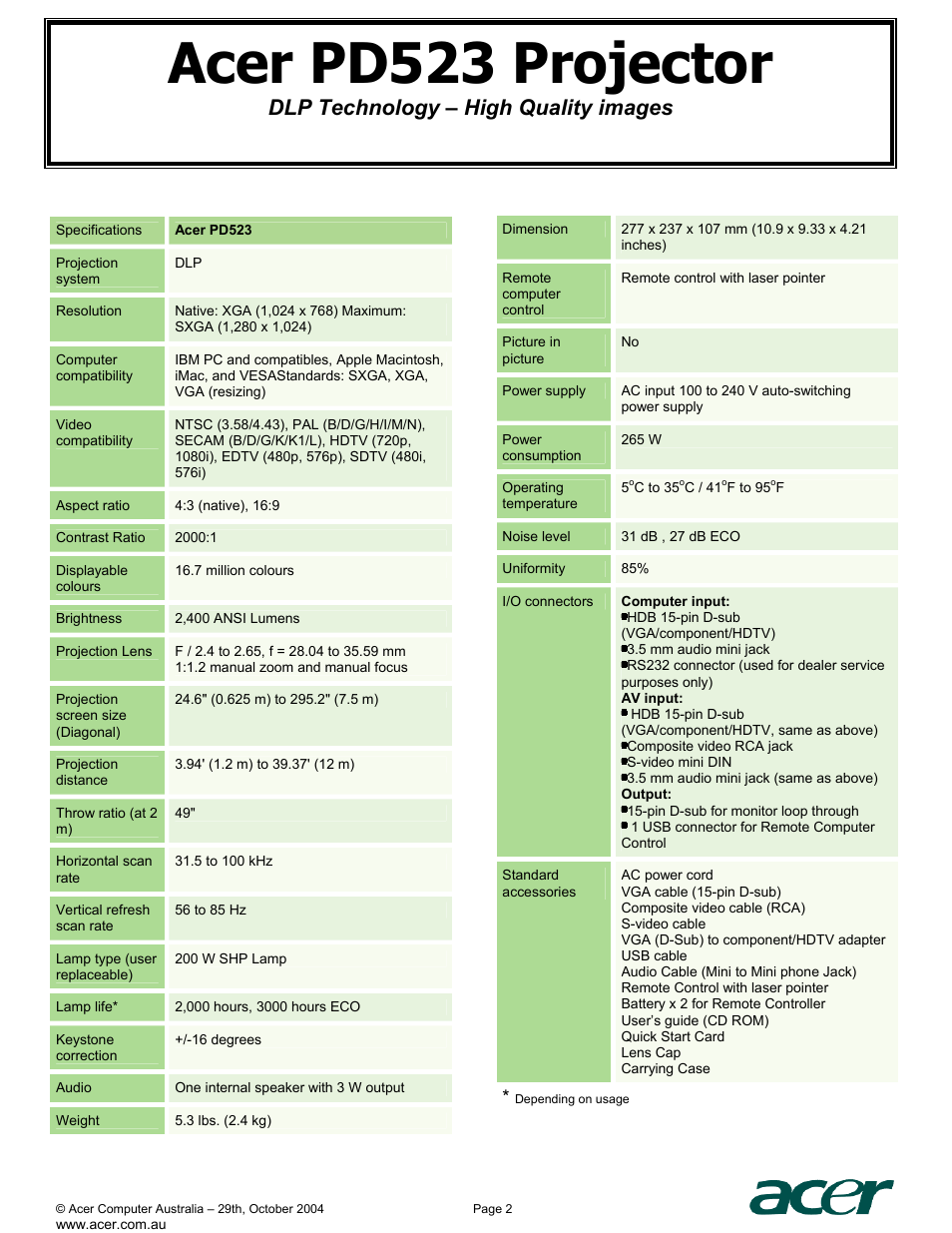 Acer pd523 projector, Dlp technology – high quality images | Acer PD523 User Manual | Page 2 / 3