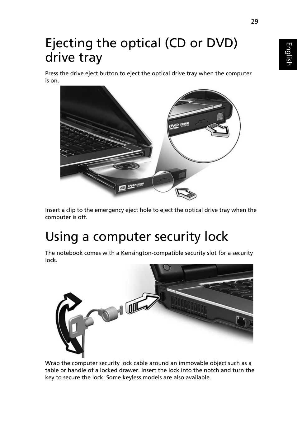 Ejecting the optical (cd or dvd) drive tray, Using a computer security lock | Acer 2450 User Manual | Page 43 / 81