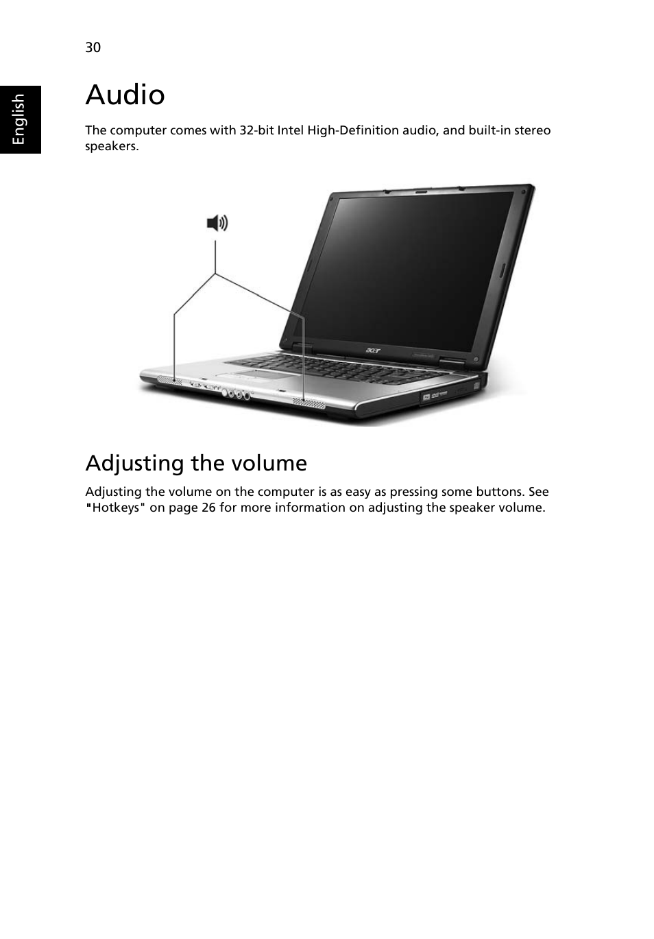 Audio, Adjusting the volume | Acer 2450 User Manual | Page 44 / 81