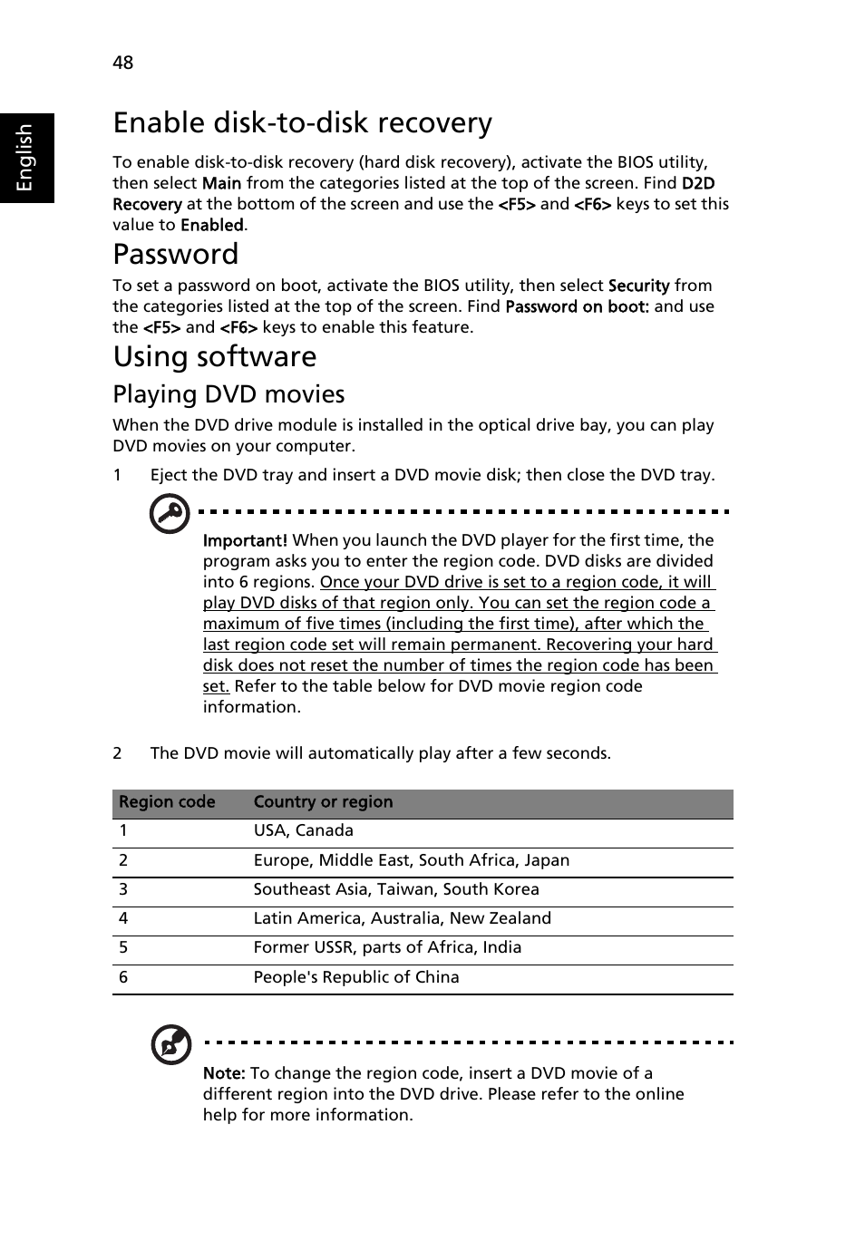 Using software, Enable disk-to-disk recovery, Password | Playing dvd movies | Acer 2450 User Manual | Page 62 / 81