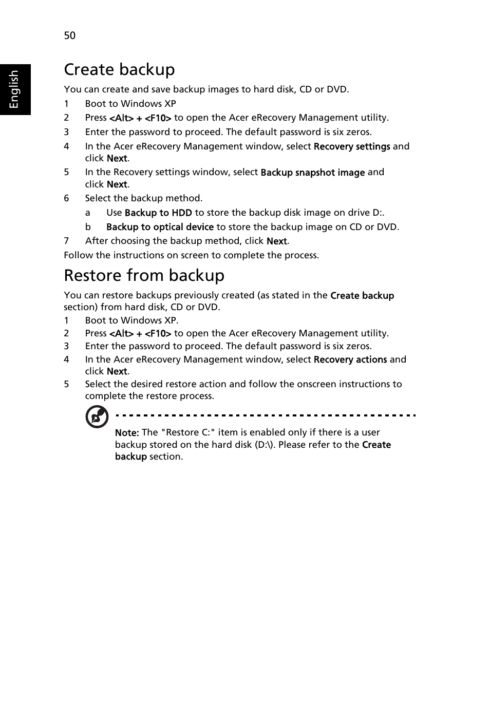 Create backup, Restore from backup | Acer 2450 User Manual | Page 64 / 81