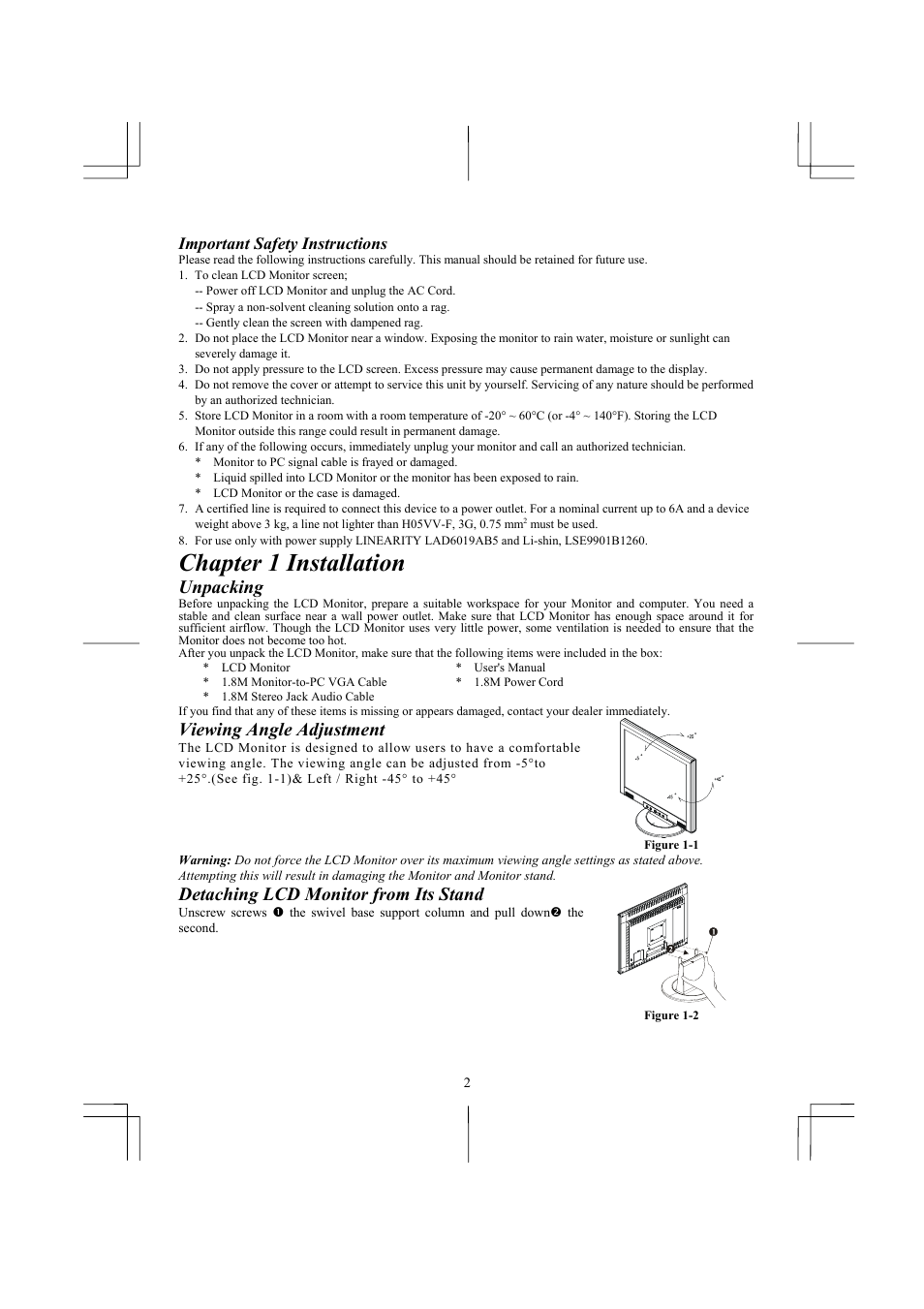 Chapter 1 installation, Unpacking, Viewing angle adjustment | Detaching lcd monitor from its stand, Important safety instructions | Acer AL1911 User Manual | Page 2 / 10