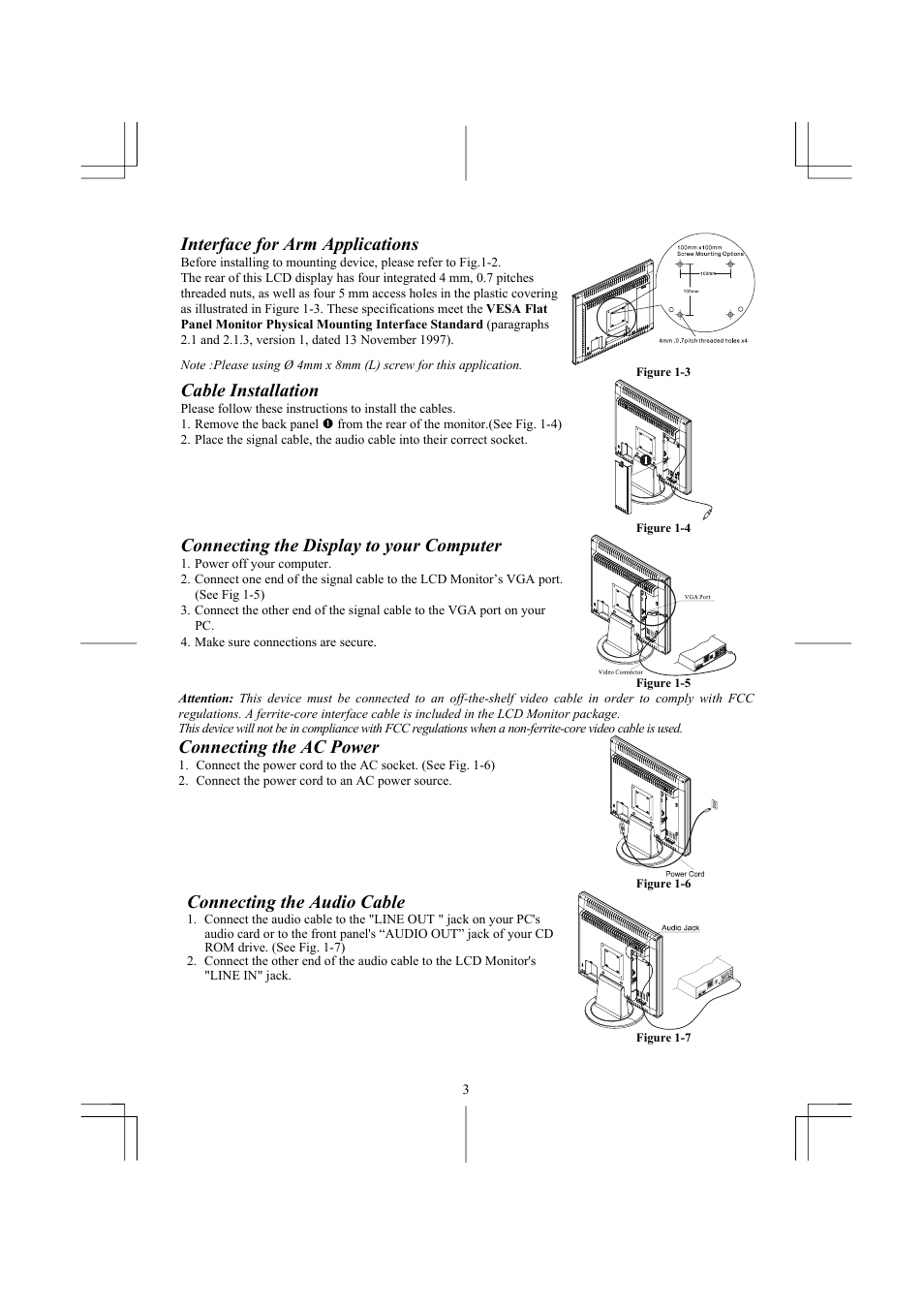 Interface for arm applications, Cable installation, Connecting the display to your computer | Connecting the ac power, Connecting the audio cable | Acer AL1911 User Manual | Page 3 / 10