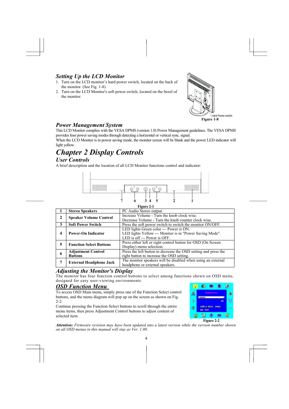 Chapter 2 display controls, Setting up the lcd monitor, Power management system | User controls, Adjusting the monitor's display, Osd function menu | Acer AL1911 User Manual | Page 4 / 10