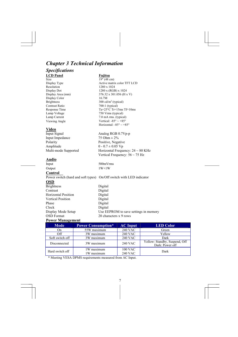 Chapter 3 technical information, Specifications | Acer AL1911 User Manual | Page 7 / 10