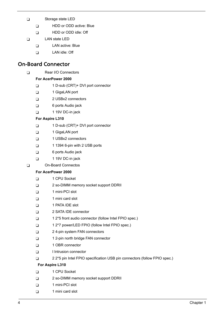 On-board connector | Acer Aspire L310 User Manual | Page 12 / 117