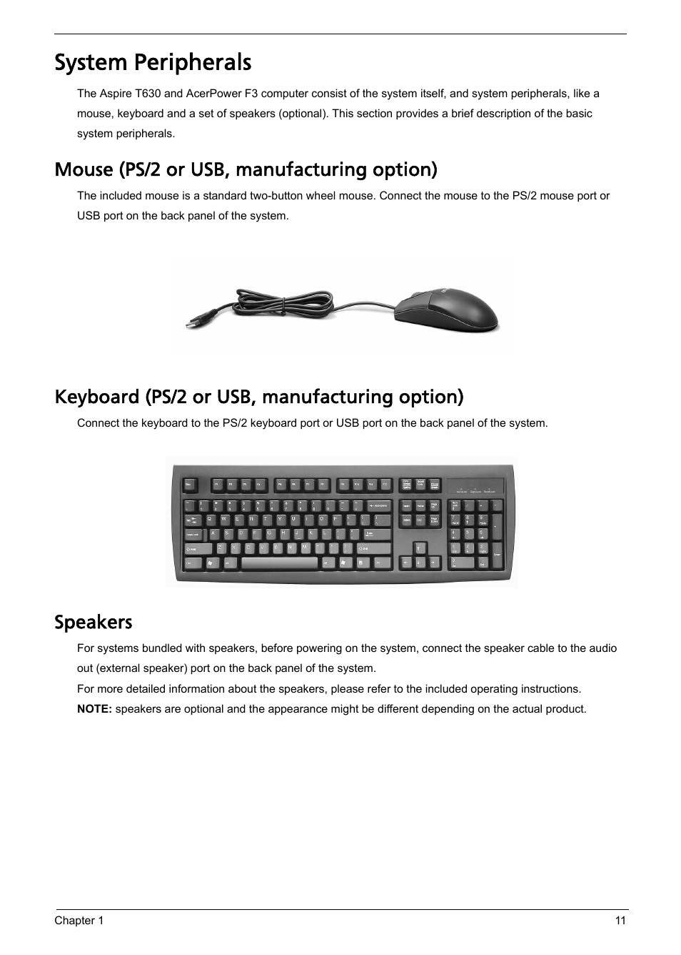 System peripherals, Mouse (ps/2 or usb, manufacturing option), Keyboard (ps/2 or usb, manufacturing option) | Speakers | Acer Aspire L310 User Manual | Page 19 / 117